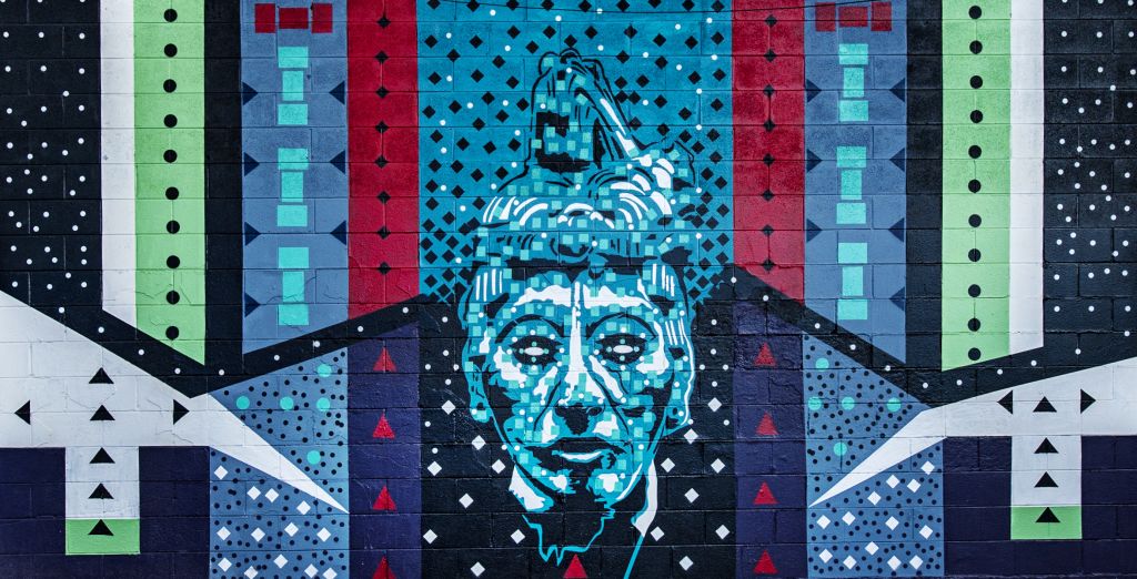 Go to the Untitled (Pakal, the Mayan King, on red, blue and green field) page